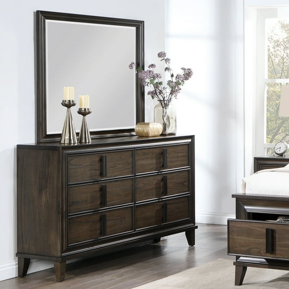 Roundhill Furniture Aetheria Contemporary Wood 6 -Drawer Dresser with Mirror in Dark Brown