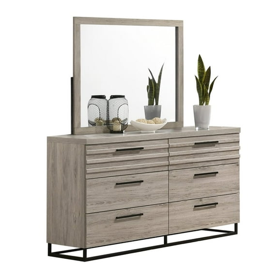 Roundhill Furniture Alvear Contemporary 6-Drawer Dresser with Mirror, Weathered Gray