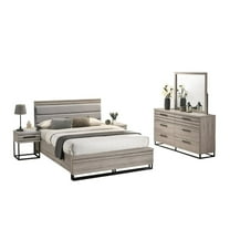 Roundhill Furniture Panel Bed, Dresser, Mirror, and 2 Nightstands, Weathered Gray, Queen