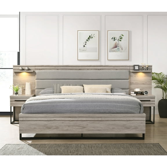 Roundhill Furniture Alvear Upholstered Wood Wallbed Bed with White LED Lights, 2 Nightstands, Weathered Gray, King