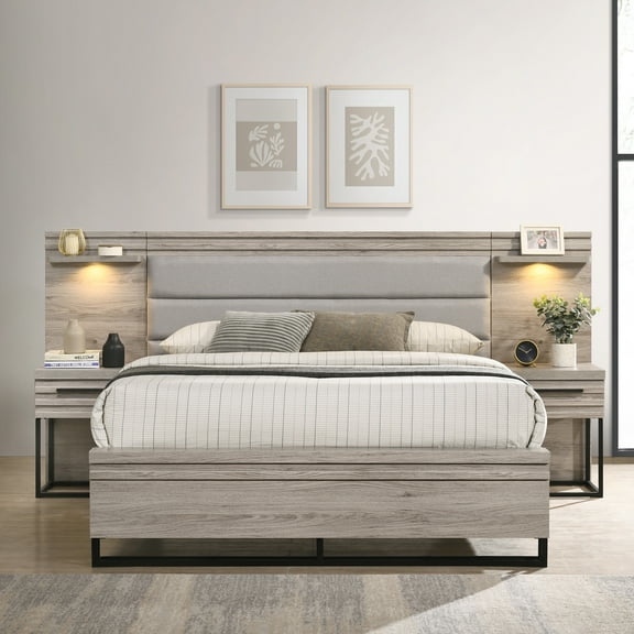 Roundhill Furniture Alvear Upholstered Wood Wallbed Bed with White LED Lights, 2 Nightstands, Weathered Gray, Queen