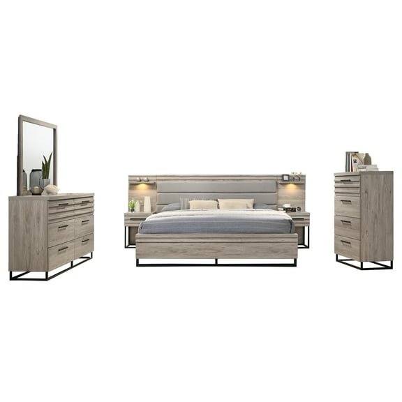 Roundhill Furniture Wallbed Bed, Dresser, Mirror, Chest, and 2 Nightstands, Weathered Gray, King