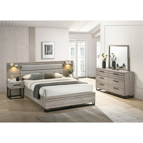 Roundhill Furniture Wallbed Bed, Dresser, Mirror, and 2 Nightstands, Weathered Gray, Queen