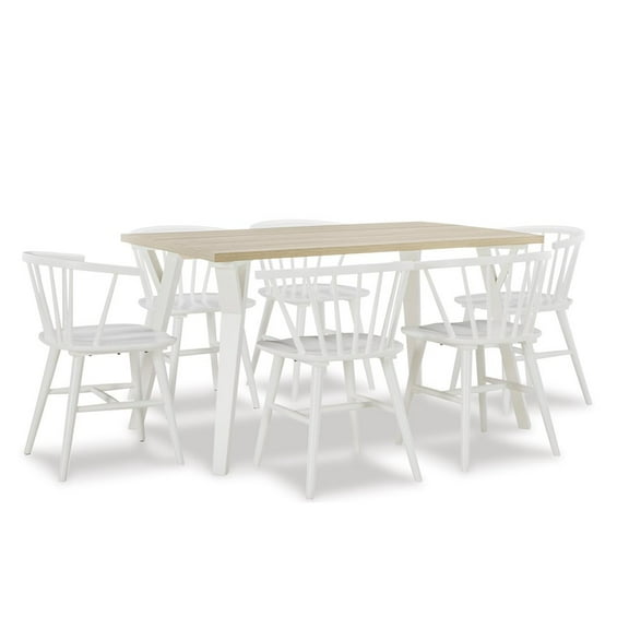 Roundhill Furniture Alwynn White and Natural Wood 7-Pc Dining Set, Table with 6 Windsor Chairs