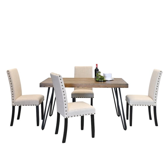 Roundhill Furniture Amisos 5-Pc Dining Set, Hairpin Dining Table with 4 Chairs, Tan