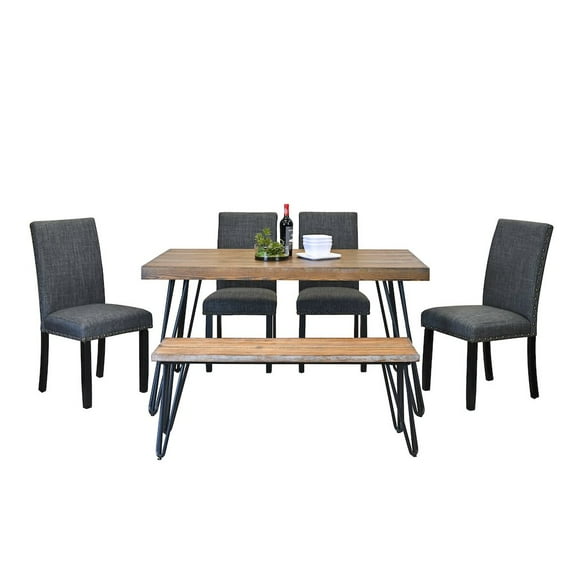 Roundhill Furniture Amisos 6-Pc Dining Set, Hairpin Dining Table with 4 Chairs and Wood Bench, Gray