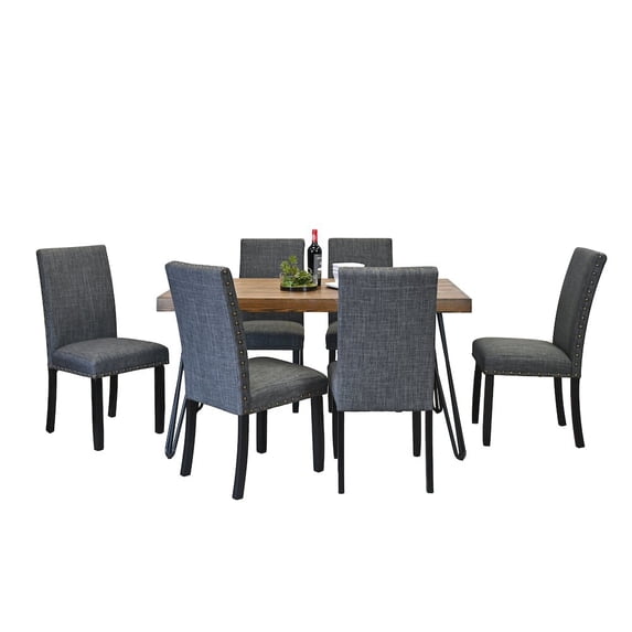 Roundhill Furniture Amisos 7-Pc Dining Set, Hairpin Dining Table with 6 Chairs, Gray