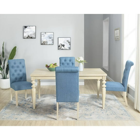 Roundhill Furniture Amonia 5-Pc Dining Set, Turned-Leg Dining Table with 4 Tufted Chairs, Blue