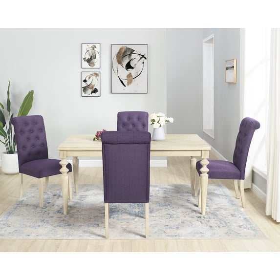 Roundhill Furniture Amonia 5-Pc Dining Set, Turned-Leg Dining Table with 4 Tufted Chairs, Purple