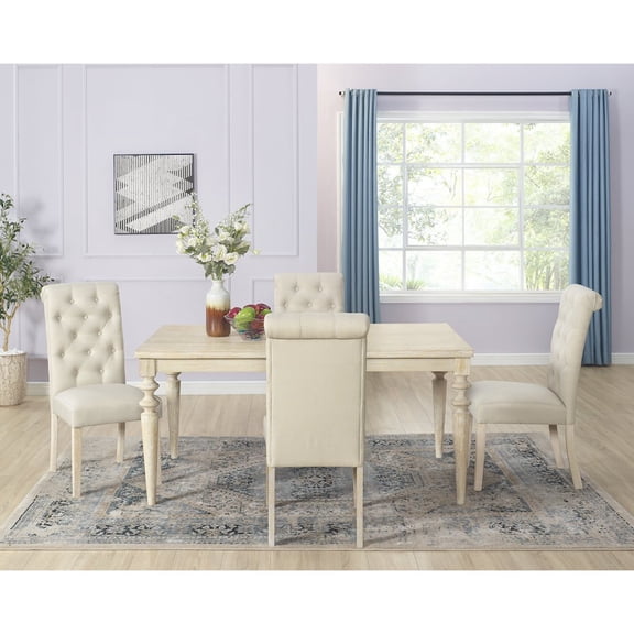 Roundhill Furniture Amonia 5-Pc Dining Set, Turned-Leg Dining Table with 4 Tufted Chairs, Tan