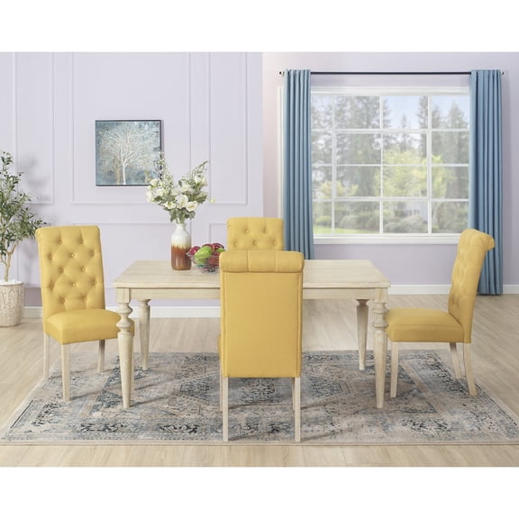 Roundhill Furniture Amonia 5-Pc Dining Set, Turned-Leg Dining Table with 4 Tufted Chairs, Yellow