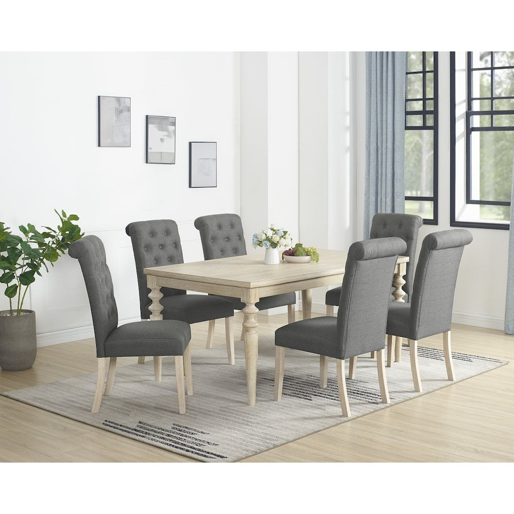 Charcoal Tufted 7-Piece Dining Set with Turned-Leg Table