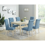 Roundhill Furniture Amonia 7-Piece Dining Set, Turned-Leg Dining Table with 6 Tufted Chairs, Blue