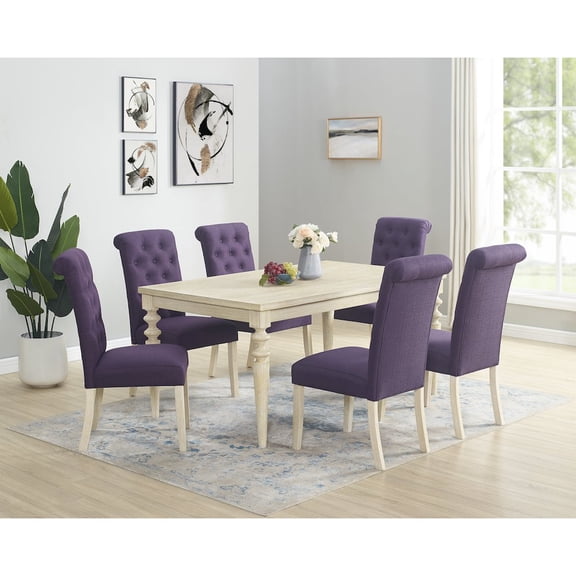 Roundhill Furniture Amonia 7-Piece Dining Set Turned-Leg with 6 Tufted Chairs, Purple