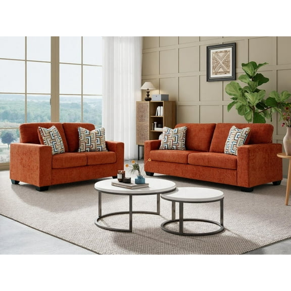 Roundhill Furniture Amoria 2-Piece Living Room Set, Sofa and Loveseat with Four Accent Pillows, Rust Terra Chenille Upholstery