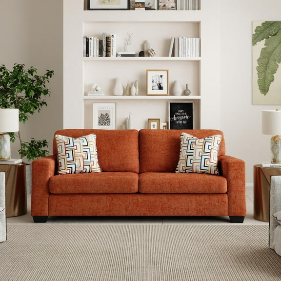 Roundhill Furniture Amoria Contemporary Plush Sofa with Accent Pillows, Rust Terra Chenille Upholstery