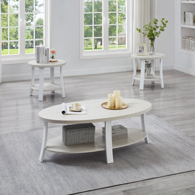 Roundhill Furniture Anze Living Room Contemporary Oval Wood Shelf 3Piece Coffee Table Set in