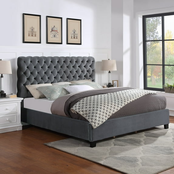 Roundhill Furniture Apoera Velvet Tufted Bed, Queen Size, Gray