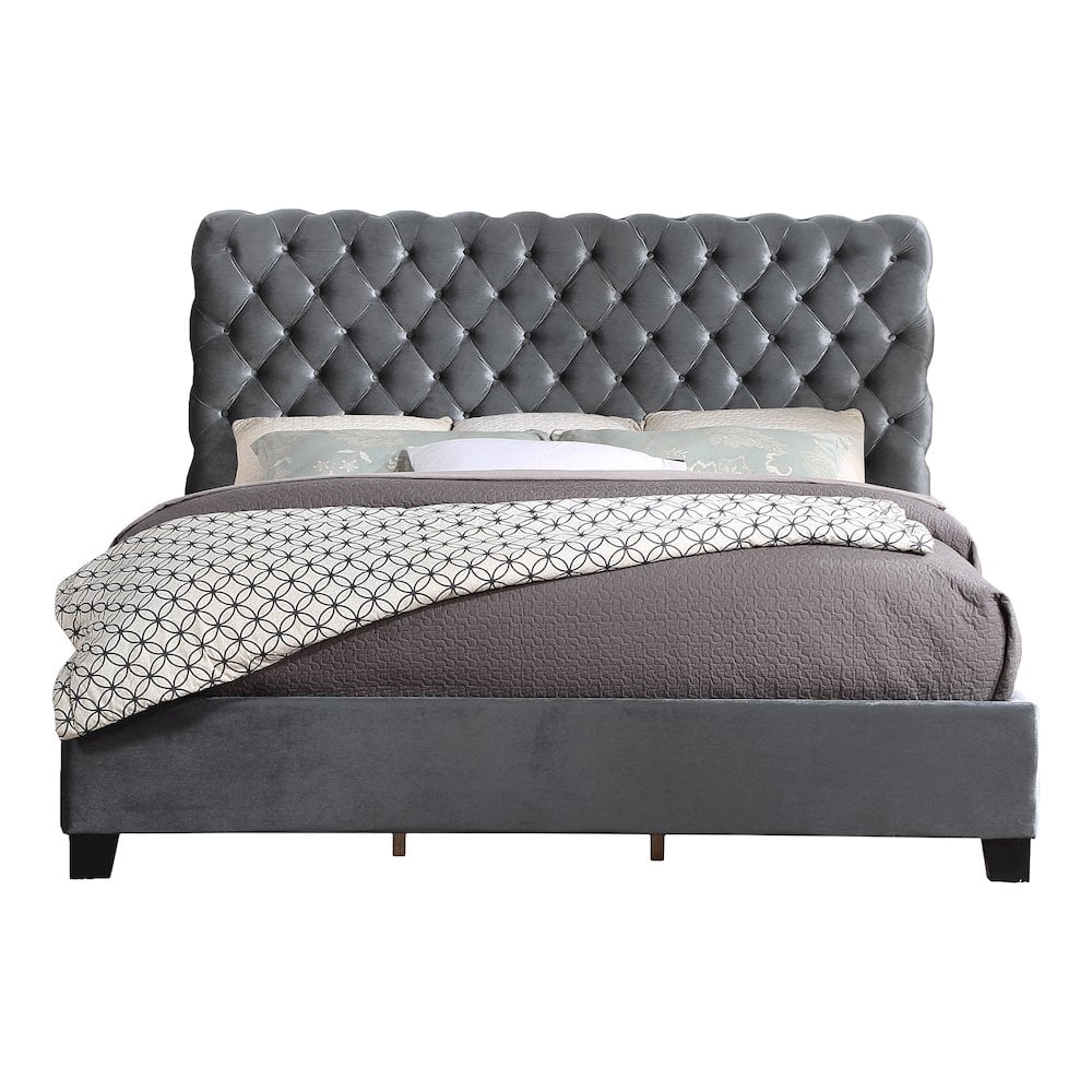 Roundhill Furniture Apoera Velvet Upholstered Button Tufted Bed, King, Gray