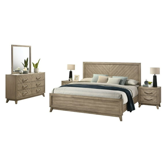 Roundhill Furniture Wood Bedroom Set: King Bed, Dresser, Mirror, 2 Nightstands in Weathered Sand