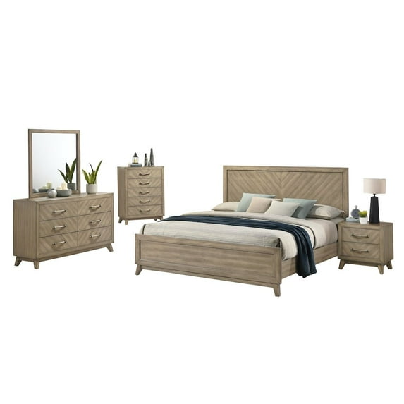 Roundhill Furniture Wood Bedroom Set: Panel Bed, Dresser, Mirror, Nightstand,Chest in Weathered Sand