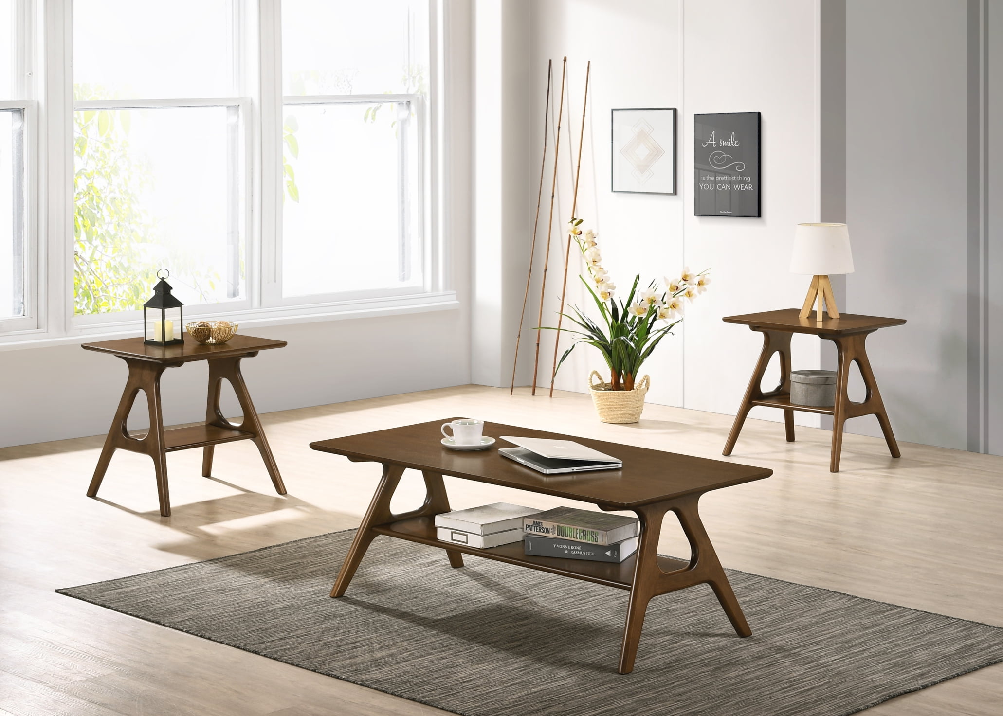 Roundhill Furniture Arona 3-Piece Coffee Table Set, Coffee Table and Two End Tables, Walnut Finish