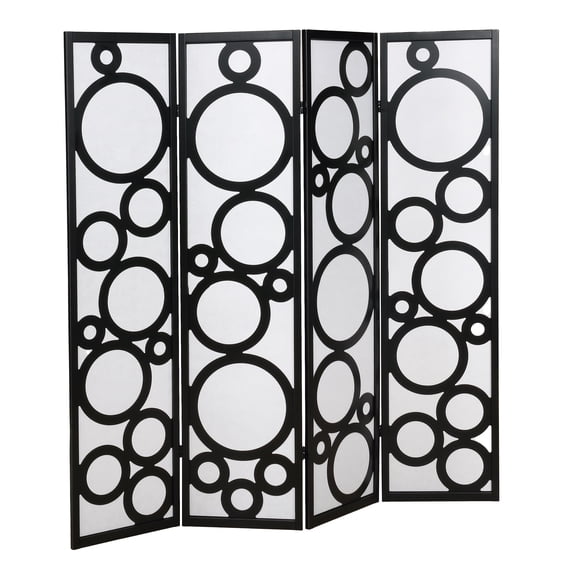 Roundhill Furniture Arvada 4-Panel Wood Room Divider w/Circle Pattern in Black