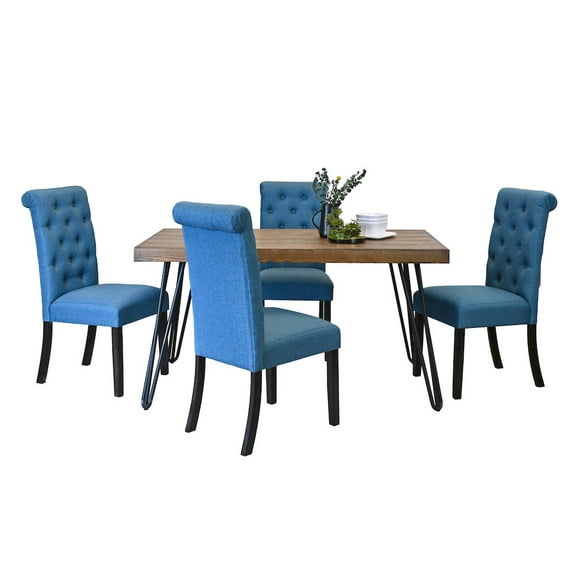 Roundhill Furniture Ashford 5-Pc Dining Set, Hairpin Dining Table with 4 Chairs, Blue
