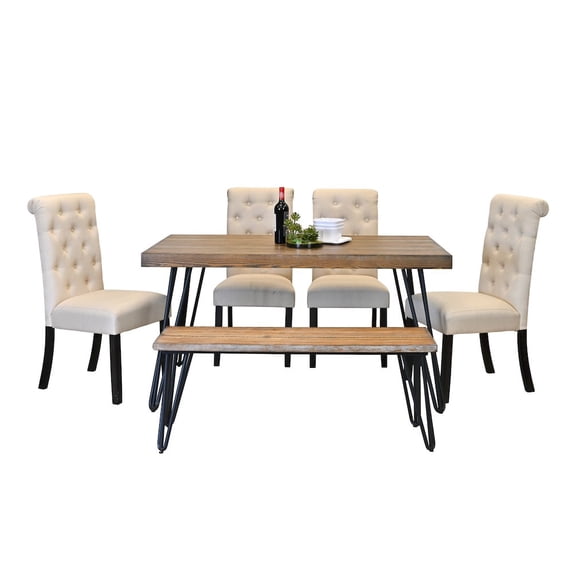 Roundhill Furniture Ashford 6-Pc Dining Set, Hairpin Dining Table with 4 Chairs and Bench, Tan
