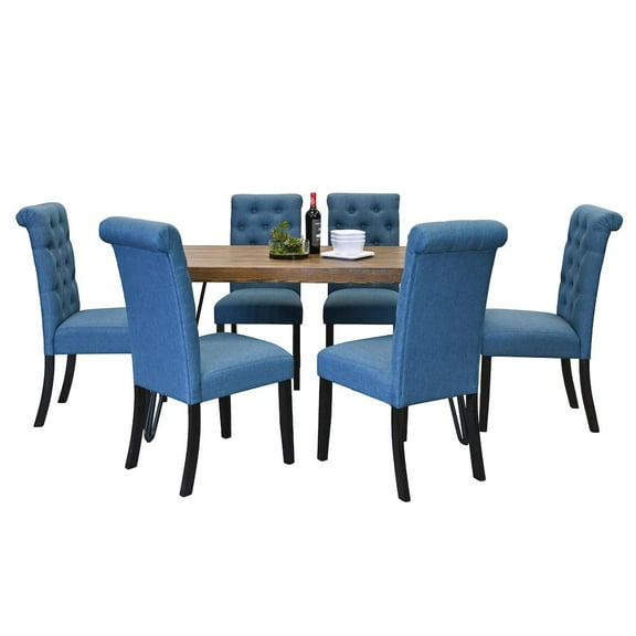 Roundhill Furniture Ashford 7-Pc Dining Set, Hairpin Dining Table with 6 Chairs, Blue