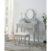 Roundhill Furniture Ashley Wood Make - Up Vanity Table and Stool Set, Silver