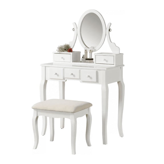 Roundhill Furniture Ashley Wood Make-Up Vanity Table and Stool Set, White