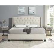 Roundhill Furniture Astral 3-Piece Upholstered Bedroom Set, Tufted Wingback Bed with Two Gray Nightstands, King