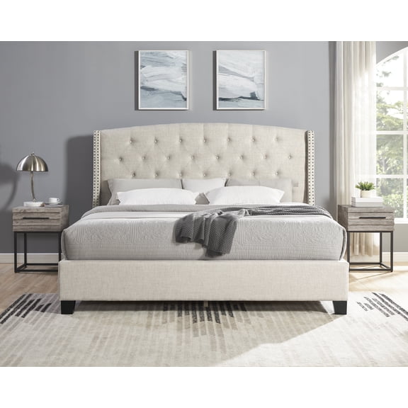 Roundhill Furniture Astral 3-Piece Upholstered Bedroom Set, Tufted Wingback Bed with Two Gray Nightstands, Queen