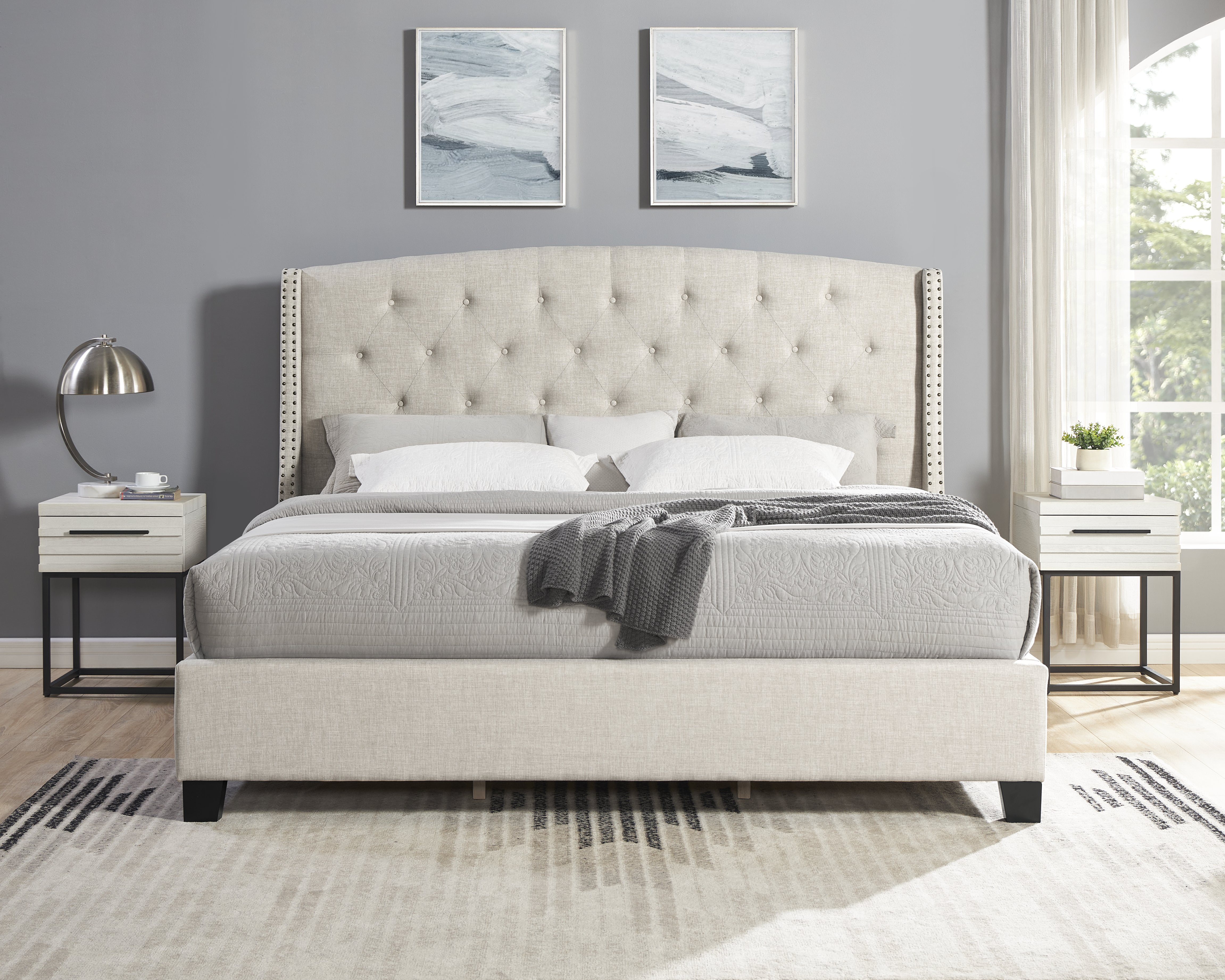 Roundhill Furniture Astral 3-Piece Upholstered Bedroom Set, Tufted Wingback Bed with Two White Nightstands, King