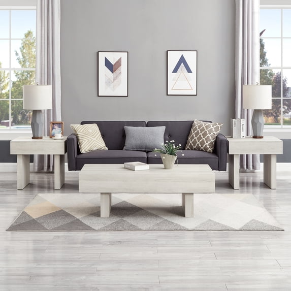 Roundhill Furniture Athens 3-Piece Set Modern Accent Coffee Table with Two End Tables, Off-White