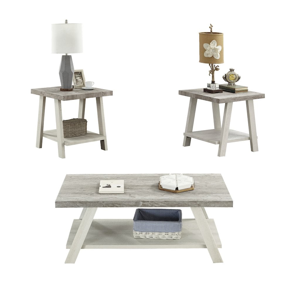 Athens Weathered Gray and Beige 3-Piece Wood Coffee Table Set