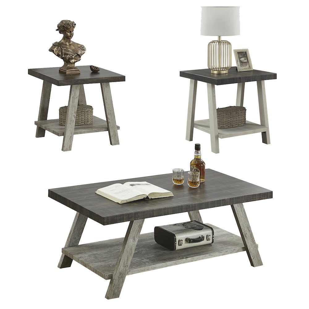 Athens Weathered Walnut and Gray 3-Piece Wood Coffee Table Set