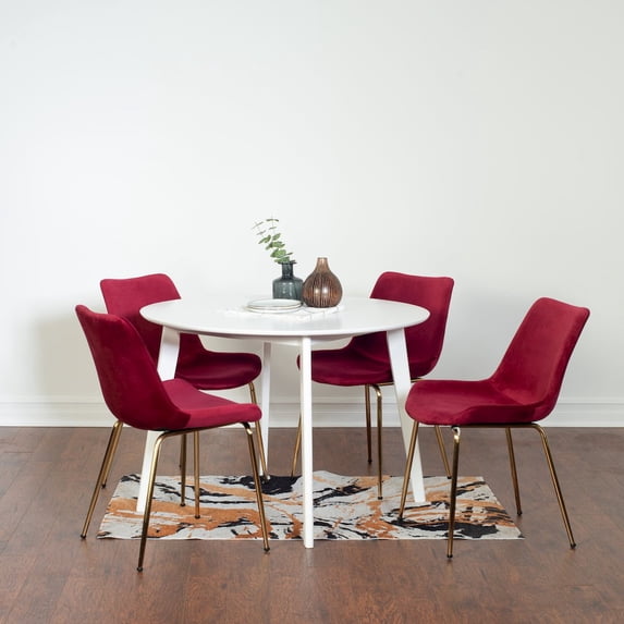 Roundhill Furniture Aufurr Contemporary 5-Piece Dining Set, White Round Dining Table with 4 Chairs, Red