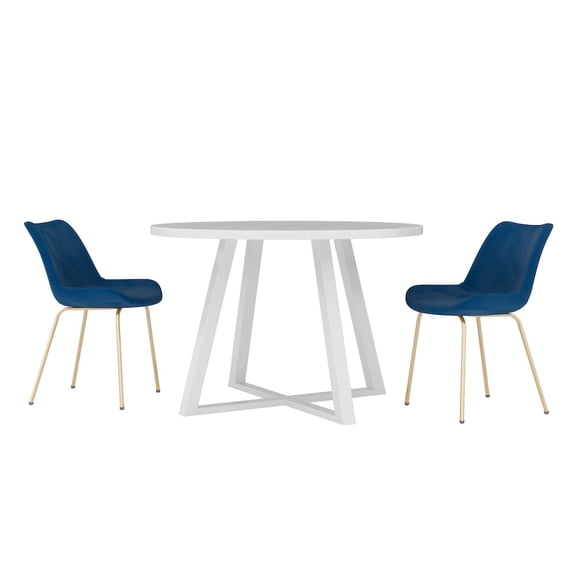 Roundhill Furniture Avant 3-Piece Round Dining Set, Trestle Dining Table with 2 Side Chairs, Blue