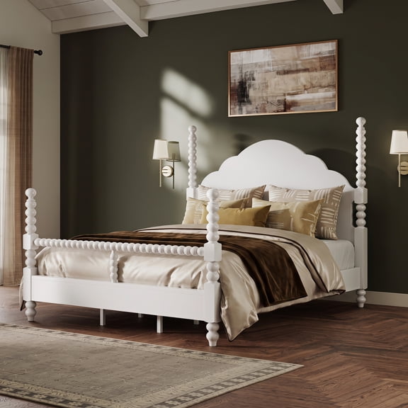 Roundhill Furniture Avellune Wood Poster Bed with 3 Interchangeable Post Heights, Scalloped Headboard, White Finish, King Size