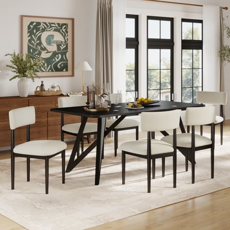 Roundhill Furniture Axler 7-Piece Dining Set, Tripod-Cross Dining Table with 6 Boucle Chairs, Black