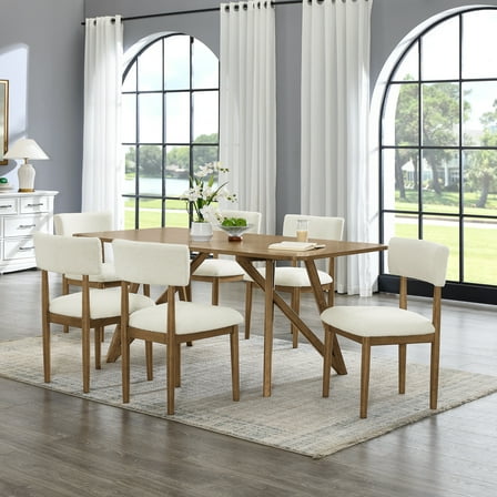Roundhill Furniture Axler 7-Piece Dining Set, Tripod-Cross Dining Table with 6 Stylish Chairs, Light Oak
