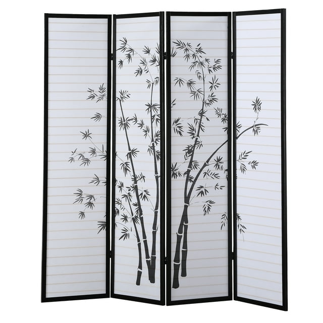 Roundhill Furniture Bamboo Print 4 Panel Room Divider, 71" Tall, Black