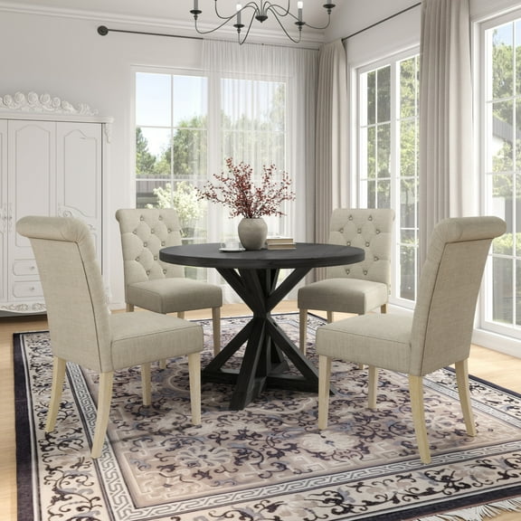 Roundhill Furniture Banff 5-Piece Dining Set, Cross-Buck Round Table with 4 Tufted Chairs, Tan