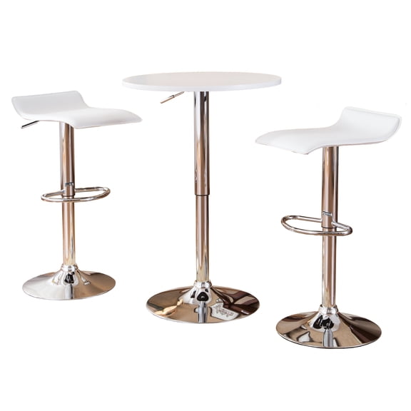 Roundhill Furniture Baxton White Adjustable Height Wood and Chrome Metal Bar Table and 2 Chrome Air Lift Adjustable Swivel Stools Set