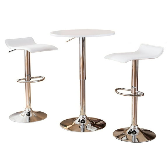 Roundhill Furniture Baxton White Adjustable Height Wood and Chrome Metal Bar Table and 2 Chrome Air Lift Adjustable Swivel Stools Set