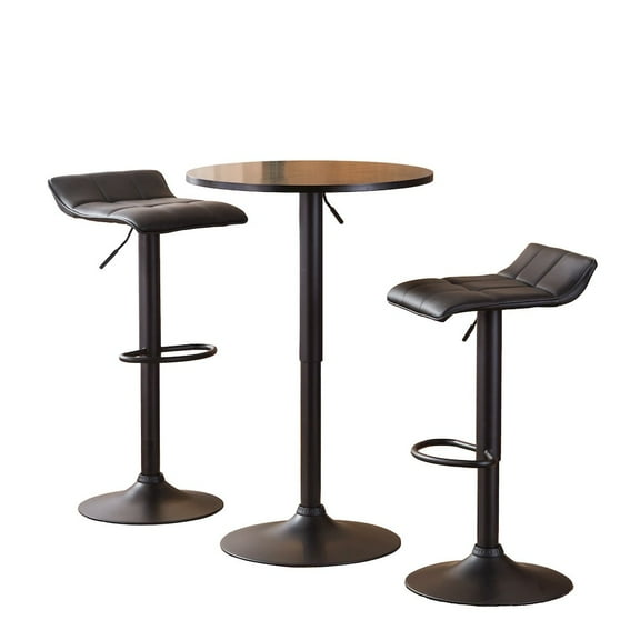 Roundhill Furniture Belham Black Round Top Adjustable Height Bar Table and 2 Swivel Black Bonded Leather Adjustable Bar Stool Bar Sets