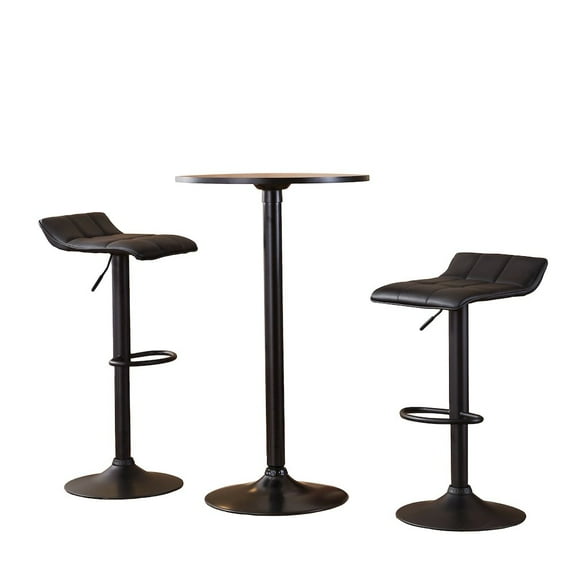 Roundhill Furniture Belham Black Round Top with Black Leg And Base Metal Bar Table and 2 Swivel Black Bonded Leather Adjustable Bar Stool Bar Sets
