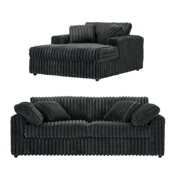 Roundhill Furniture Belvoir 2-Piece Living Room Set, Sofa and Cuddle Chaise, Charcoal